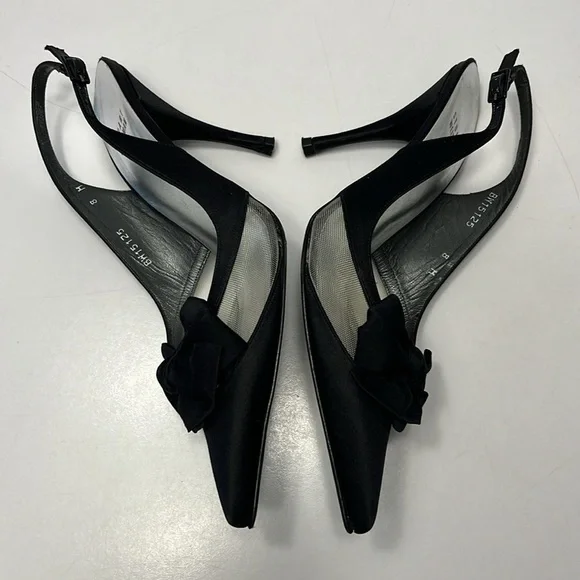 Stuart Weitzman Babe Black Satin Heels, size 8 slingback, bow front with mesh - Picture 6 of 12